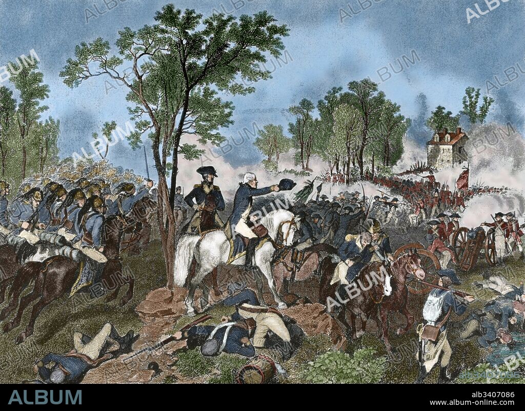 American Revolutionary War (1775-1783). Siege of Yorktown (September 28-October 19, 1781). American Continental Army, led by George Washington, and allied French troops, led by the Comte de Rochambeau, fight against the British forces commanded by Charles Cornwallis. Engraving. 19th century. Colored.