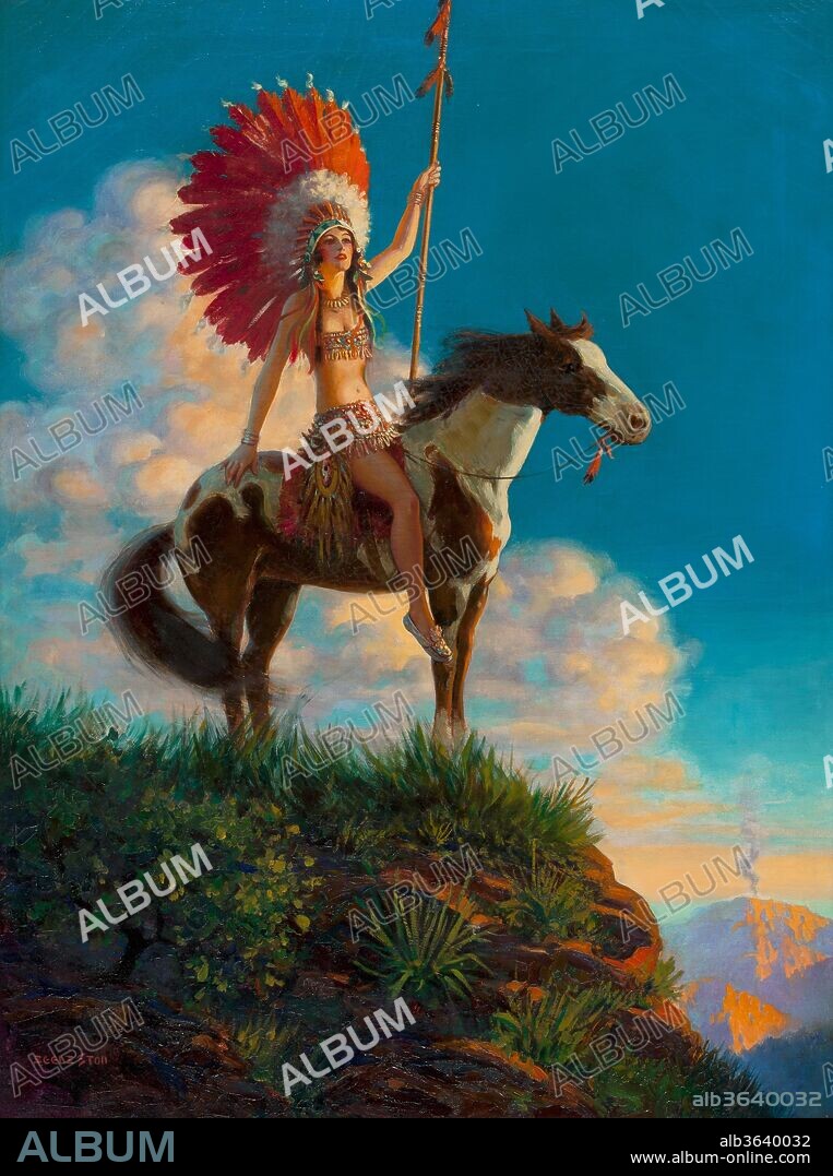Pulp art of a Native American woman on a horse wearing a large feathered headdress. Entitled, "Indian Princess" and created by Edward Eggleston (American, 1882-1941). Edward Mason Eggleston was born in Ashtabula Ohio on November 22, 1882. He attended Columbus, Ohio Art School and studied under Harvey Dunn former student of Howard Pyle., Edward Eggleston,.