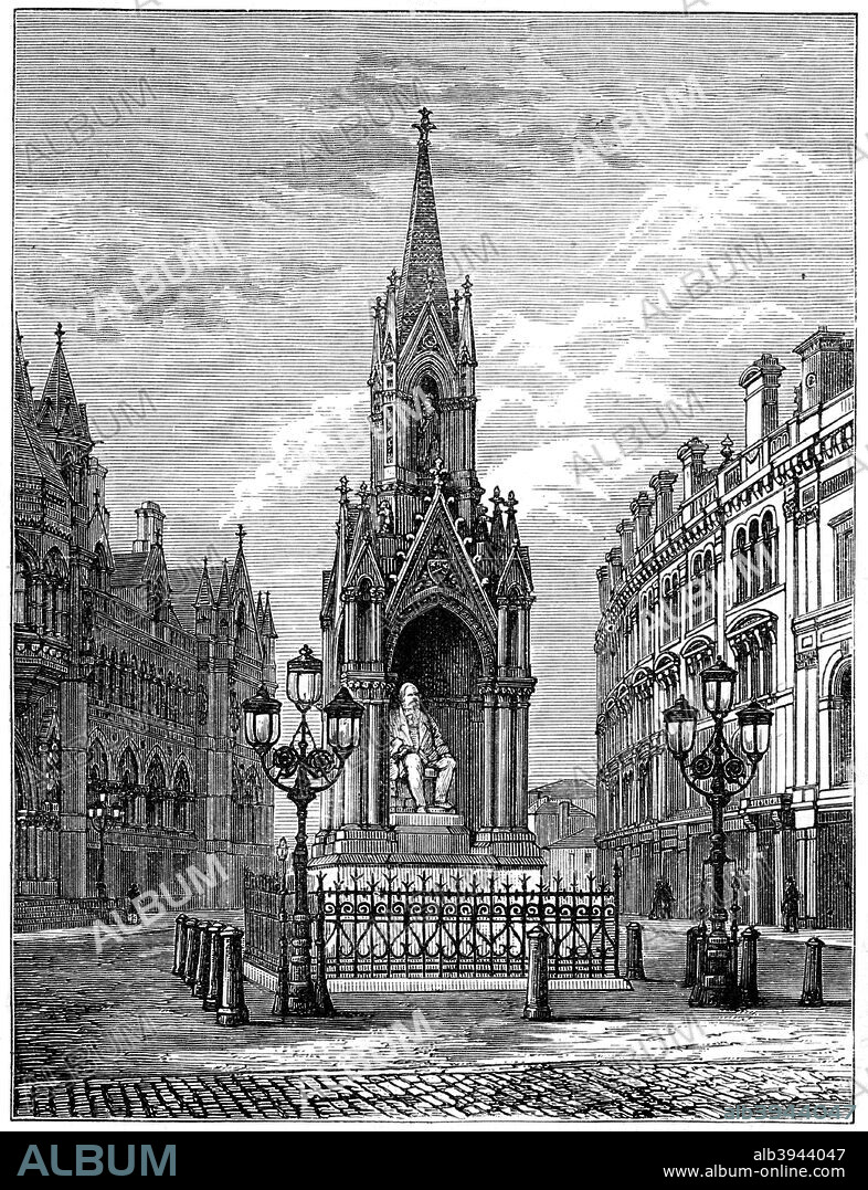 The Salt statue at Bradford, c1880. Sir Titus Salt (1803-1876) discovered a method of blending alpaca wool with cotton and silk. He is best remembered as the builder of Saltaire Mill near Bradford, Yorkshire, and the surrounding model company town of Saltaire. Shops, a library and other facilities were provided for the workers, but no public houses as Salt was a teetotaller. A print from Great Industries of Great Britain, Volume I, published by Cassell Petter and Galpin, (London, Paris, New York, c1880).