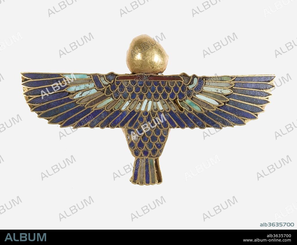 A pendant depicting a ba-bird with outstretched wings. Dimensions: L. 5 × W. 2.9 × D. 0.7 cm (1 15/16 × 1 1/8 × 1/4 in.). Dynasty: Dynasty 26-30. Date: 664-332 B.C..
Ba-bird amulets, like this rare beautifully inlaid example, were placed on the chest of a mummy, presumably as protective substitute for an individual's own ba.  The ba-bird was the part of a human activated after death: it was commissioned to visit the world of living as well as oversee critical events during the deceased's passage from this world to the next. The earliest, a gold foil example, was included in Tutankhamun's mummy (ca. 1327 B.C.), but those of Dynasty 26 and later (664-332 B.C.), parallel the one here.