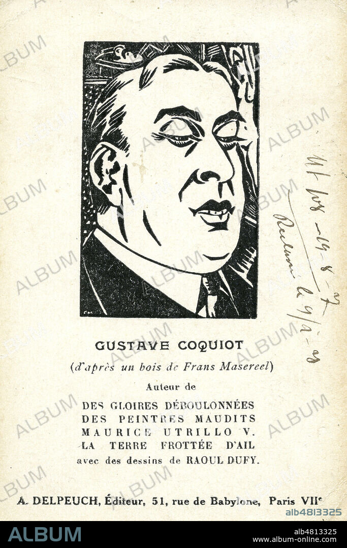 Portrait de Gustave COQUIOT (1865-1926), auteur de Des gloires deboulonnees, Des peintres maudists, Maurice Utrillo V, La terre frottee d'ail. Illustration d'apres Frans Masereel (1889-1972 = ADAGP) pour une carte postale de 1927, publicite pour l'editeur A. Delpeuch. annees 20. Credit : IM/KHARBINE-TAPABOR.
