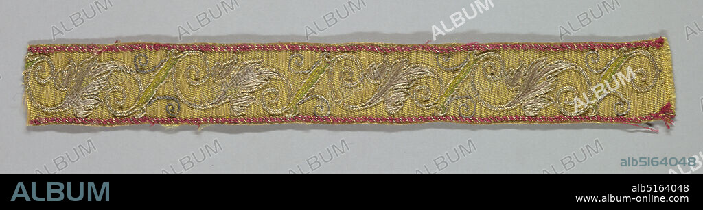 Band, Medium: silk and metal-wrapped threads Technique: couched-stitch embroidery, Narrow yellow band with a red border on top and bottom embroidered with scrolling leaf forms using metal threads., Italy, 17th18th century, embroidery & stitching, Band.