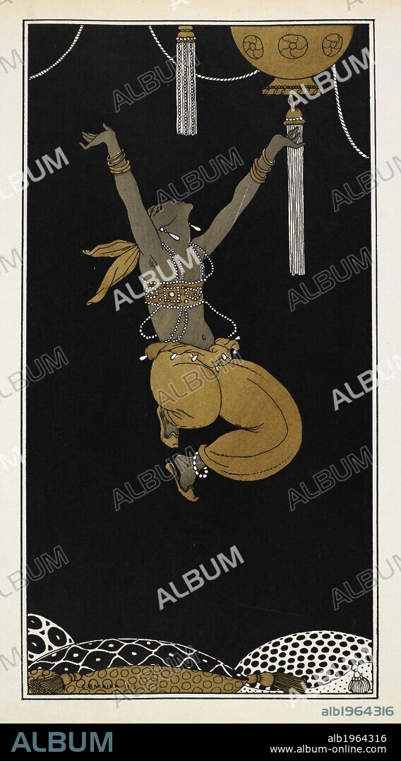 GEORGE BARBIER. Nijinsky as the Golden Slave in Sheherazade, a symphonic suite composed by Nikolai Rimsky-Korsakov in 1888. Nijinsky is in the air, mid-jump. Designs on the Dances of Vaslav Nijinsky ... Foreword by Francis de Miomandre, translated from the French by C. W. Beaumont. London, Paris [printed], 1913. Source: L.R.28.a.14, plate 5.