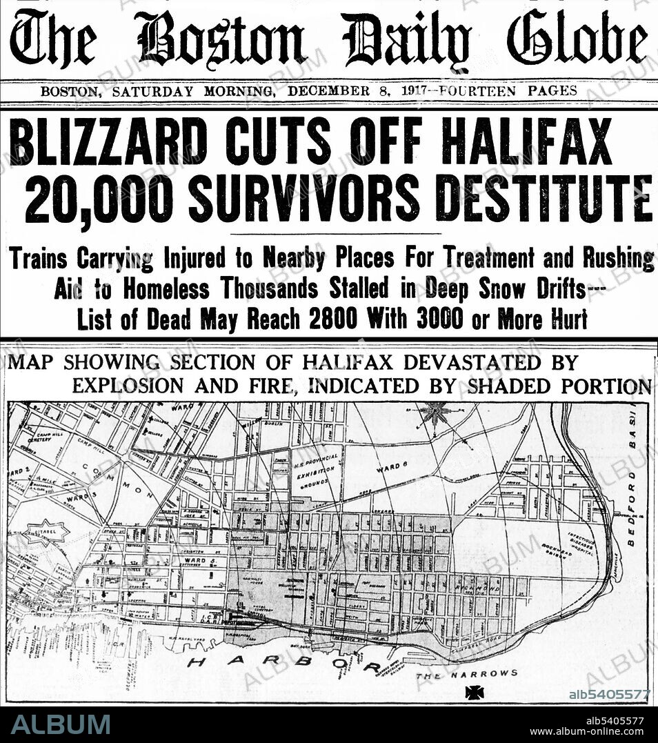 Boston Daily Globe article about the Halifax Explosion, which occurred in Halifax, Nova Scotia, Canada, on December 6th, 1917, when the Mont-Blanc, a French cargo ship carrying high explosives, collided with another ship near Halifax Harbour. A fire on board the Mont-Blanc caused a massive explosion that destroyed a large section of Halifax, killing 2,000 people and injuring 9,000.
