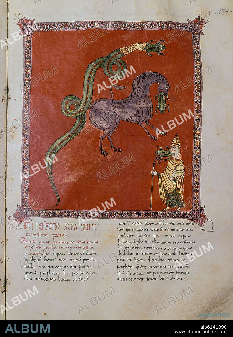 BEATO DE LIEBANA. COMENTARIOS AL APOCALIPSIS, 13-FOLIO 139 R, DE LA BOCA DEL DRAGON, LA BESTIA Y EL FALSO PROFETA SALEN TRES ESPIRITUS INMUNDOS EN FORMA DE RANA.