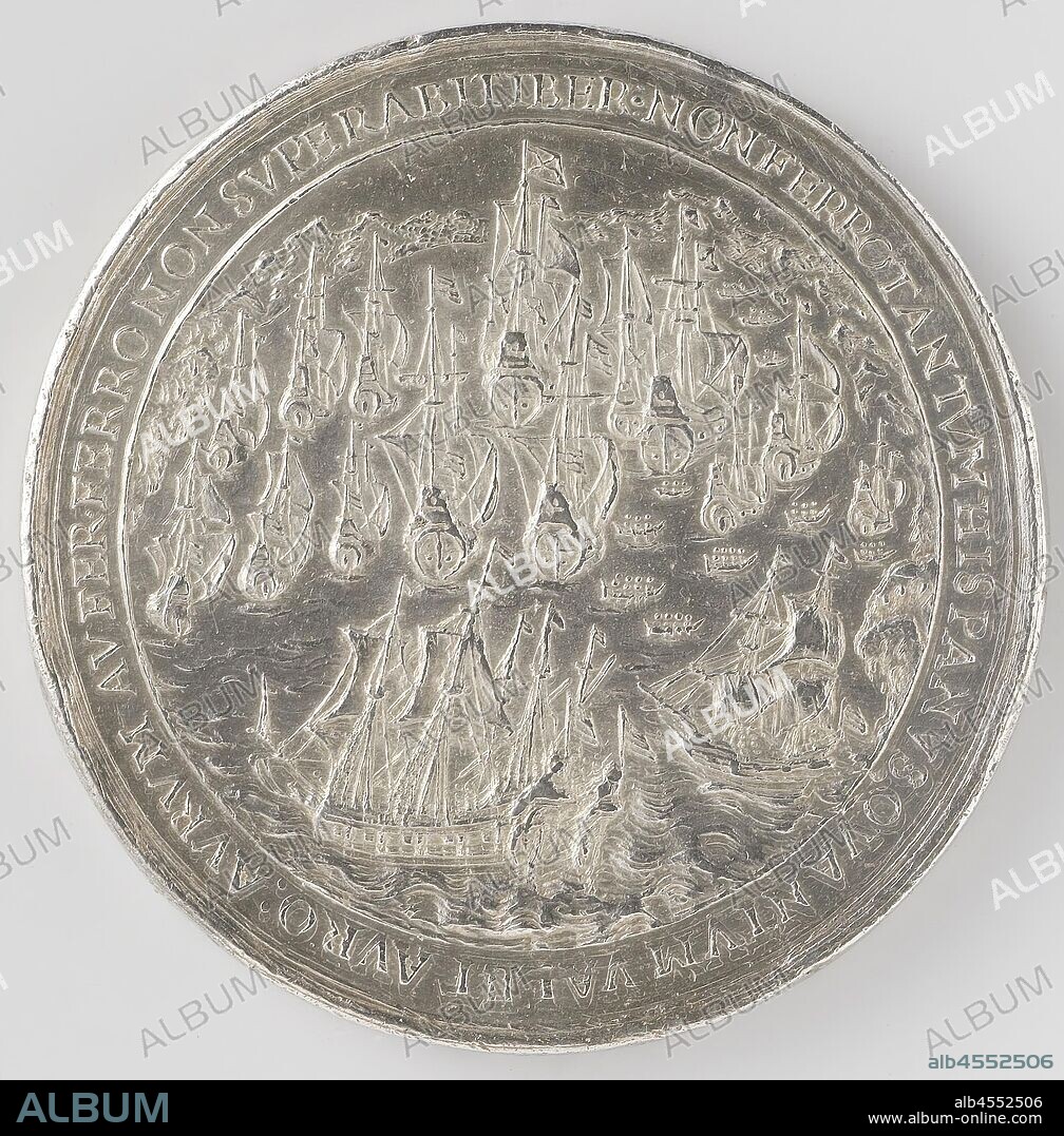 Conquest of the silver fleet by Piet Hein, medal struck from the captured silver. Front: fleet within the scope. Reverse: inscription., Bay of Matanzas, Cuba, Pieter Pietersz. Heyn, Willem Versteegh, Harderwijk, 1629, silver (metal), striking (metalworking), d 5.9 cm × w 109.42 gr.