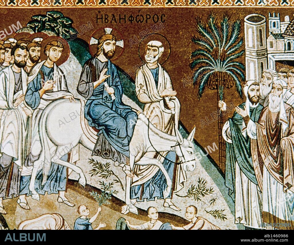 ARTE BIZANTINO. PALACIO DE LOS NORMANDOS (Palacio Real). Edificio de época árabe ampliado por los reyes normandos en el siglo XII. Detalle de uno de los mosaicos de estilo bizantino de la CAPILLA PALATINA (construída en 1140), con la representación de la ENTRADA DE JESUS EN JERUSALEN. Palermo. Sicilia. Italia.