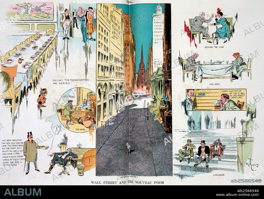 Wall Street and the nouveau poor by Henry Mayer, 1868-1954, artist. Published 19140101. Illustration shows a vignette cartoon with a bird's-eye view of Wall Street where an innocent lamb is standing in the middle of the deserted financial district. The surrounding vignettes show a banquet of hot dogs; a man buying eggs cheap, then trying to sell them to a stockbroker for 50 cents a dozen; an elderly man drinking wine with a beautiful young woman "Before the War", "And Now" disgruntled and at home with his wife; and three businessmen sitting on steps outside Federal Hall, quaffing lunch from a "full-dinner pail".