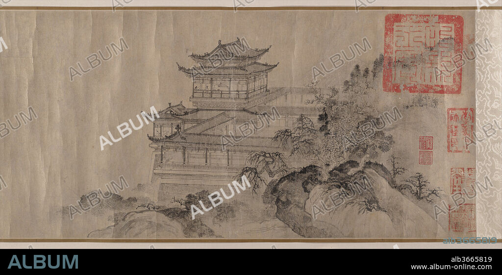 The Pavilion of Prince Teng. Artist: Tang Di (Chinese, ca. 1287-1355). Culture: China. Dimensions: Image: 10 13/16 x 33 1/4 in. (27.5 x 84.5 cm)
Overall with mounting: 11 1/8 x 310 11/16 in. (28.3 x 789.1 cm). Date: dated 1352.
The Pavilion of Prince Teng demonstrates that Tang Di, a scholar and government official best known for his large-scale colored paintings on silk, was also capable of producing intimate, more informal ink drawings on paper. As he does in his monumental decorative style, Tang here follows the conservative brush idiom of the Northern Song master Guo Xi (ca. 1000-ca. 1090), though his relaxed calligraphic depiction of rocks, trees, and foliage reflects the early Yuan transformation of Song models by Tang Di's teacher, Zhao Mengfu (1254-1322). The pavilion, erected in the seventh century by the prince of Teng, is one of the most renowned buildings in Chinese history, thanks to the poet Wang Bo (649-676). It is situated near the confluence of the Gan and Yangzi Rivers in Jiangsi Province. Wang's poem, which contrasts the impermanence of human life with the endless flow of the river, has made the pavilion a favorite subject for painters. The large seals at the beginning of this scroll belong to Prince Yi (1686-1730), thirteenth son of the Kangxi emperor (r. 1662-1722).