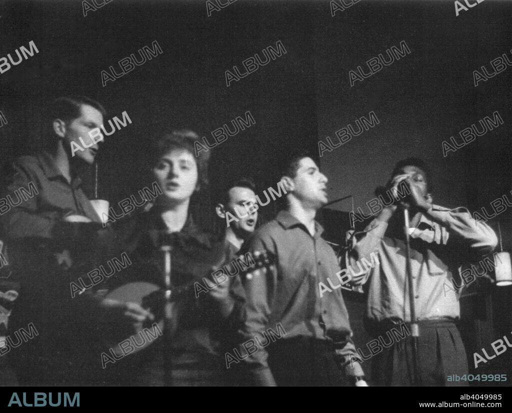 The Spinners, Cecil Sharp House, London, c1960s. The Folk Beatles: Mick Groves, Cliff Hall, Hughie Jones and Tony Davis with Jacqui McDonald.