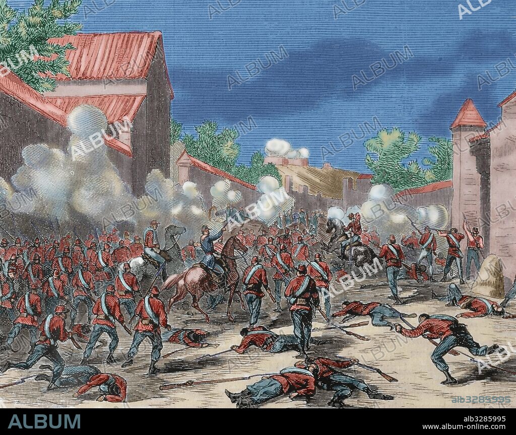 Italian unification (1859-1924). The Expedition of the Thousand. Conquest of Sicily. The Battle of Milazzo (1860) between Giuseppe Garibaldi's volunteers (Red shirts) and Hungarian veterans and the troops of the Kingdom of the Two Sicilies, ruled by the Bourbons."L'Illustration" (1860). Engraving. Colored.