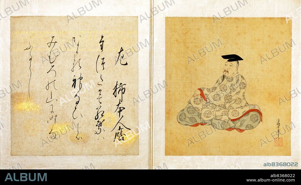 Japan: Kakinomoto no Hitomaro (c.653655 c.707710). 'Portraits and Poems of the Thirty-six Poetic Immortals'. Album of thirty-six paintings and poems by Sumiyoshi Gukei (1631-1705), c. 1674-1692.<br/><br/>. Kakinomoto no Hitomaro (c.653655 c.707710) was a Japanese <i>waka</i> poet and aristocrat of the late Asuka period. 'Portraits and Poems of the Thirty-six Poetic Immortals'. Album of thirty-six paintings and poems by Sumiyoshi Gukei (1631-1705).<br/><br/>. Sumiyoshi Gukei (1631 - April 23, 1705), born Sumiyoshi Hirozumi, was a Japanese painter from Kyoto. He became the first official painter of the ruling Tokugawa shogunate, and was a Yamato-e artist, a painting technique based on traditional Japanese subjects and culture.