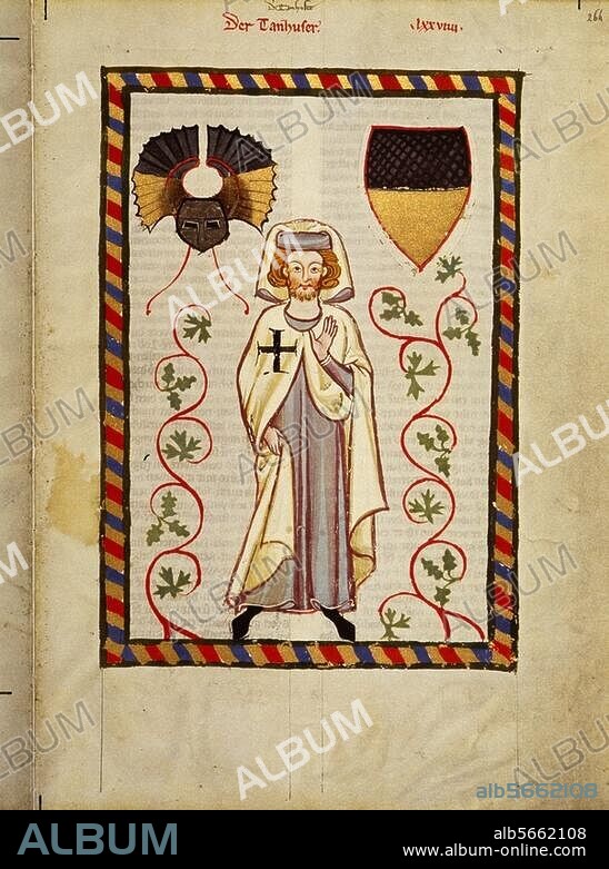 ANONYMOUS. Illumination, Zurich, c. 1310-1340. Tanhäuser in costume of the Deutschordensritter (Teutonic Order). Parchment. Fr.: Große Heidelberger Liederhandschrift (Codex Manesse). Heidelberg, Universitätsbibliothek, Cod. Pal. Germ. 848 fol. 264r. Heidelberg, Universitätsbibliothek.