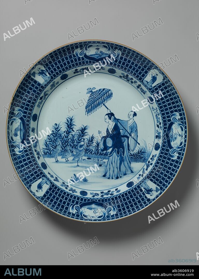 Plate depicting a lady with parasol. Artist: After a design by Cornelis Pronk (Dutch, Amsterdam 1691-1759 Amsterdam). Culture: Chinese, for Dutch market. Dimensions: Overall: 4 1/8 × 19 1/2 in. (10.5 × 49.5 cm). Date: ca. 1734-37.
The Dutch East India Company, which dominated the export of Chinese porcelains to Europe in the seventeenth and early eighteenth centuries, commissioned the Dutch artist Cornelis Pronk (1691-1759) to supply designs that could be copied on porcelain intended for export. This design of a lady with a parasol was one of Pronk's most popular compositions, and was employed by Japanese porcelain painters as well.
