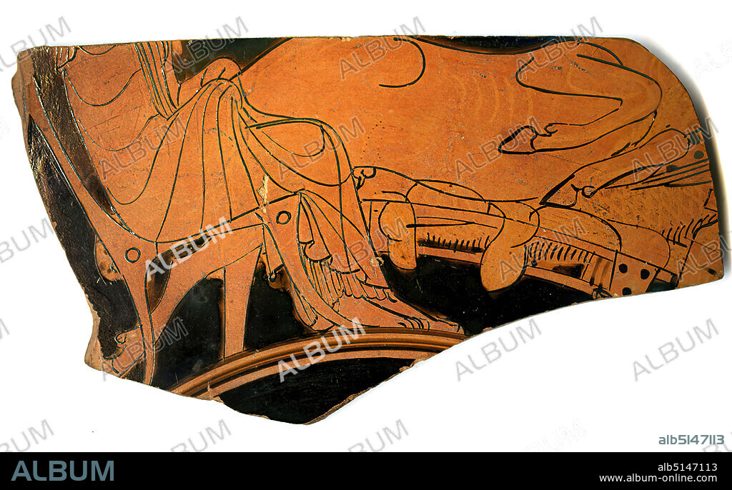 Fragment of a bowl (centaur at the symposium), clay, quickly turned, painted (ceramic), alternately fired, clay, total: height: 5.4 cm; width: 9.1 cm, ceramic, centaurs, drinking, ritual meal, banquet, banquet, feast, strict style, Greek antiquity, It is not always possible - especially with incompletely preserved pictures - to identify the object beyond doubt, as the fragment of this bowl illustrates. On the left is depicted a woman sitting on a chair (Greek klismós) in a long robe, wrapped in her coat and veiled like a bride. She is sitting in front of a binge bed (Greek kline), on which a centaur has made herself comfortable. The large horse body has been preserved. The front-hooves are angled, the hind legs slightly to the back. The centaur rests on a cushion decorated with dots and a diamond pattern in the posture usual at the symposium. In front of the kline is a side table with some food. In the absence of further details, two myths come into consideration here: it could be the wedding celebration of the Lapith king Peirithoos with Hippodameia, to which the Thessalian centaur Eurytion was invited. When he was drunk and tried to do violence to the bride during the ceremony, the Lapithes cut off his nose and ears and dragged him to the door where the other centaurs found him. A fight between lapiths and centaurs, the so-called centauromachie, ensued. With the support of Theseus, who was present as a guest, the lapiths managed to gain the upper hand. In another story, the Arcadian centaur Eurytion tried to force King Dexamenos of Elis to give him his daughter as wife. But Heracles stepped in and killed Eurytion before the wedding took place. Possibly the fragment depicts the celebration in which we can add King Dexamenos and Heracles on the right.