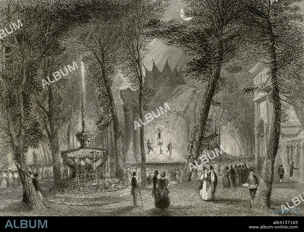 Reino Unido. Inglaterra. Jardines de Vauxhall (Vauxhall Gardens). Jardines de recreo para el entretenimiento público en Londres, desde mediados del siglo VII hasta mediados del siglo XIX. Se encontraban en Kennington, en la orilla meridional del Támesis. No fueron una parte urbanizada de Londres hasta el final de la existencia de los jardines a mediados del siglo XIX. Vista a la luz de la luna de los jardines, lugar de esparcimiento. Una exhibición acrobática en el escenario, una fuente y una multitud de visitantes elegantemente vestidos. Grabado por Charles Mottram (1809-1876) a partir de un estudio original del pintor paisajista Charles Marshall (1806-1890). "London and its Environs", h. 1840 (Londres y sus Alrededores). Biblioteca Histórico Militar de Barcelona, Cataluña, España.