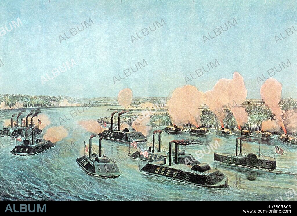 Lithograph entitled and captioned: "Bombardment and capture of Island Number Ten on the Mississippi River, April 7, 1862 by the gunboat and mortar fleet under command of Commander A.H. Foote." The Battle of Island Number Ten was an engagement at the New Madrid on the Mississippi River during the American Civil War, lasting from February 28 to April 8, 1862. The position, an island at the base of a tight double turn in the course of the river, was held by the Confederates from the early days of the war. It was an excellent site to impede Union efforts to invade the South along the river. Union gunboats and mortar rafts came down to attack Island No. 10 from the river. The Union victory marked the first time the Confederate army lost a position on the Mississippi River in battle. Andrew Hull Foote (September 12, 1806 - June 26, 1863) was an American naval officer noted for his service in the American Civil War and for his contributions to several naval reforms in the years prior to the war. When the war came, he was appointed to command of the Western Gunboat Flotilla, predecessor of the Mississippi River Squadron. He was among the first naval officers to be promoted to the then-new rank of rear admiral.