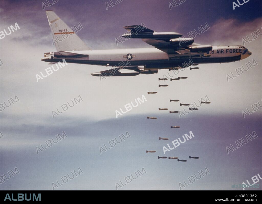 B-52 Stratofortress dropping bombs in the 1960's. The swept-wing bomber has a top speed of more than 600 miles an hour. It is powered by six General Electric J-47 turbo-jet engines, has a maximum gross takeoff weight of more than 186,000 pounds and can carry more than 20,000 pounds of bombs. The Boeing B-47 Stratojet (company Model 450) was a long range, six-engine, turbojet-powered strategic bomber designed to fly at high subsonic speed and at high altitude to avoid enemy interceptor aircraft. The Vietnam War was a Cold War-era proxy war that occurred in Vietnam, Laos, and Cambodia from November 1955 to the fall of Saigon on April 30, 1975. As the war continued, the part of the Viet Cong in the fighting decreased as the role of the NVA grew. U.S. and South Vietnamese forces relied on air superiority and overwhelming firepower to conduct search and destroy operations, involving ground forces, artillery, and airstrikes. In the course of the war, the U.S. conducted a large-scale strategic bombing campaign against North Vietnam. The U.S. government viewed its involvement in the war as a way to prevent a Communist takeover of South Vietnam. Direct U.S. military involvement ended in 1973. The capture of Saigon by the North Vietnamese Army in April 1975 marked the end of the war, and North and South Vietnam were reunified the following year.