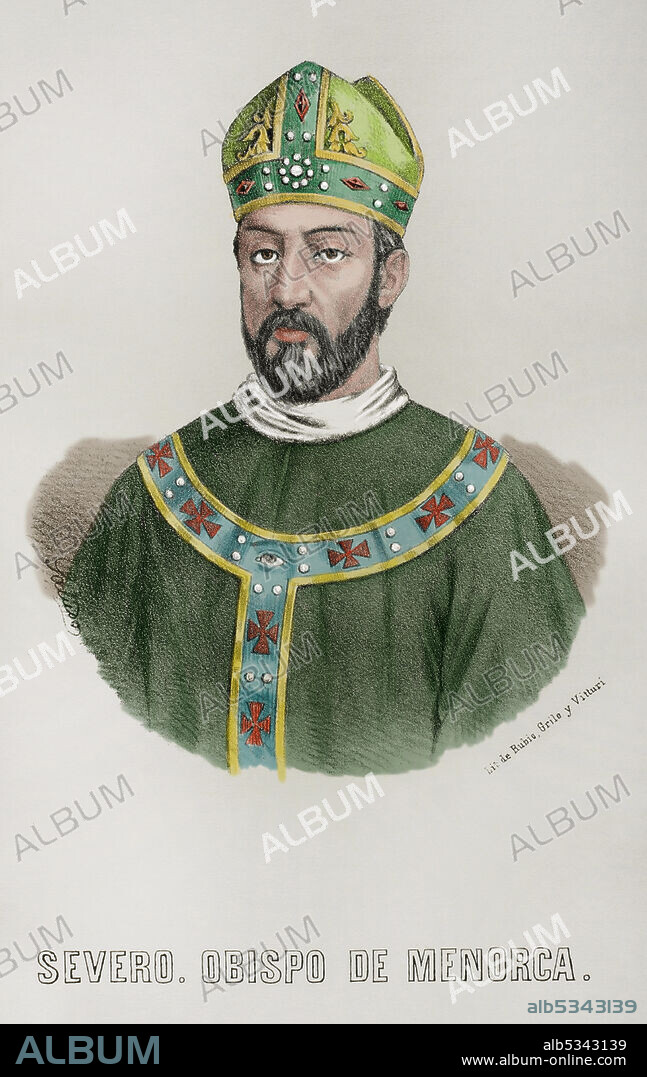 Severo de Menorca (siglo V). Obispo de Menorca a comienzos del siglo V. Retrato. Litografía. Coloreada. Crónica General de España, Historia Ilustrada y Descriptiva de sus Provincias. Baleares, 1871.