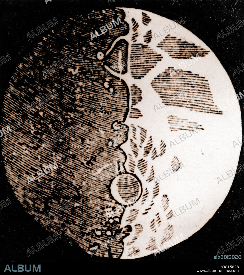 One of the first drawings ever made of the moon, by Galileo, 1610. Color enhancement of 9a6817.