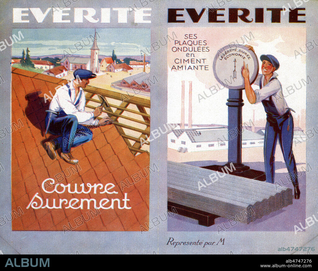 Ouvrier couvreur travaillant sur un toit. Publicite de 1926 pour les tuiles EVERITE, et les plaques ondulees en ciment amiante. Credit : Collection IM/KHARBINE-TAPABOR.