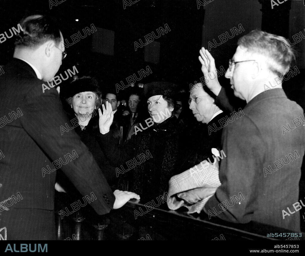 Helen Keller (left), famous blind-deaf author, appears in a New York City court Dec. 2, 1937, to help the woman who has been her "Eves and Ears" for 24 years become an American citizen, Miss Polly Thomson (right) of Glasgow, Scotland.
Helen Keller helped her "eyes and ears", Scottish-born Polly Thomson, to take American citizenship in 1937. August 30, 1954.