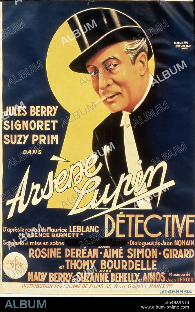 Affiche du film ' Arsene LUPIN detective' illustree par Roland COUDON, realise en 1937 par Henri DIAMANT-BERGER (1895-1972) avec Gabriel SIGNORET (1872-1937) et Jules BERRY (1883-1951) d'apres 'l'agence Barnett' de Maurice LEBLANC (1864-1941). Credit: Coll. Perron/KHARBINE-TAPABOR.