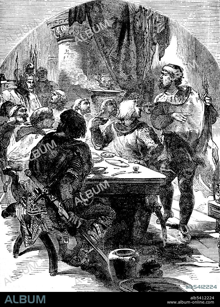 Harold Godwinson (1022 - October  14, 1066) was the last crowned Anglo-Saxon king of England. Upon the death of his brother-in-law King Edward the Confessor, the Witenagemot convened and chose Harold to succeed; he was the first English monarch to be crowned in Westminster Abbey. Harold reigned from January 6, 1066 until his death at the Battle of Hastings, fighting the Norman invaders led by William the Conqueror during the Norman conquest of England. His death marked the end of Anglo-Saxon rule over England. Harold was a powerful earl and member of a prominent Anglo-Saxon family with ties to Cnut the Great. Cassell's Illustrated History of England, 1865 (cropped and cleaned).