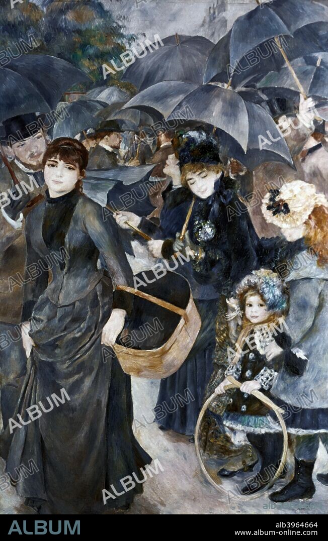 'The Umbrellas', 1881-6. Renoir worked on this picture over several years. The two little girls and the lady behind them on the right are in an earlier, softer style than the rest of the picture.