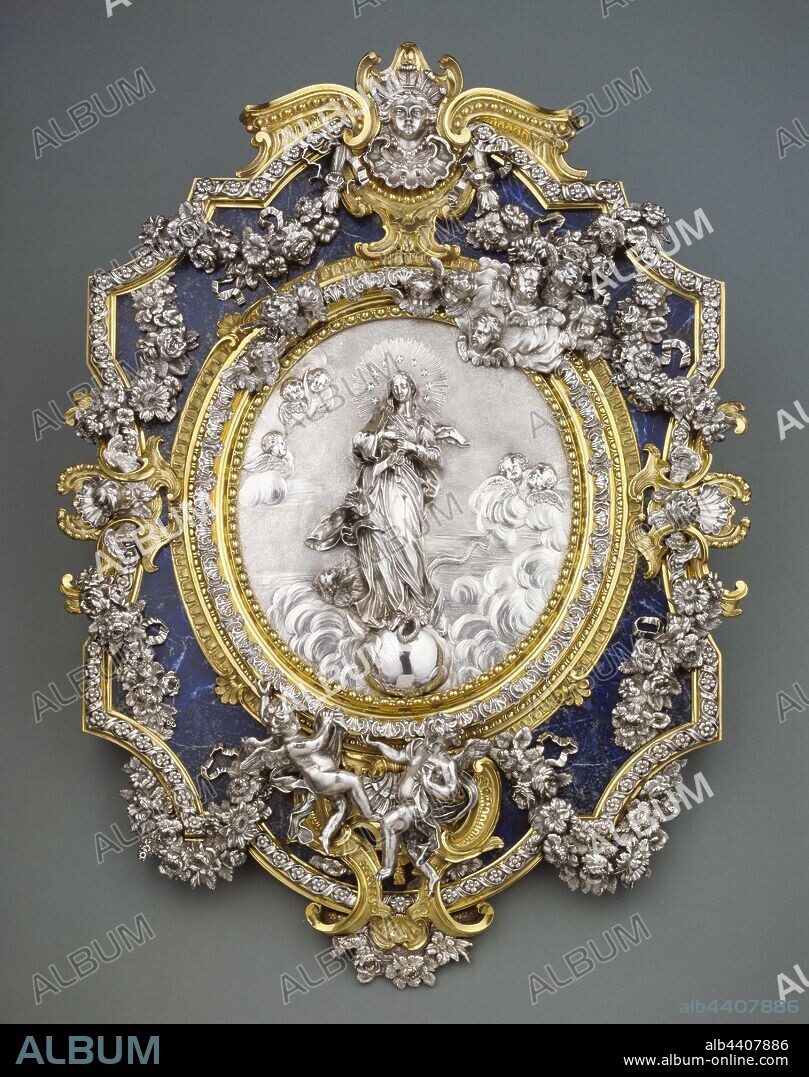 Plaque Representing the Virgin of the Immaculate Conception, Francesco Natale Juvara (Italian, 1673 - 1759), Messina, Sicily, Italy, 1730 - 1740, Silver, gilt bronze and lapis lazuli, 69.7 x 52.1 cm (27 7/16 x 20 1/2 in.).