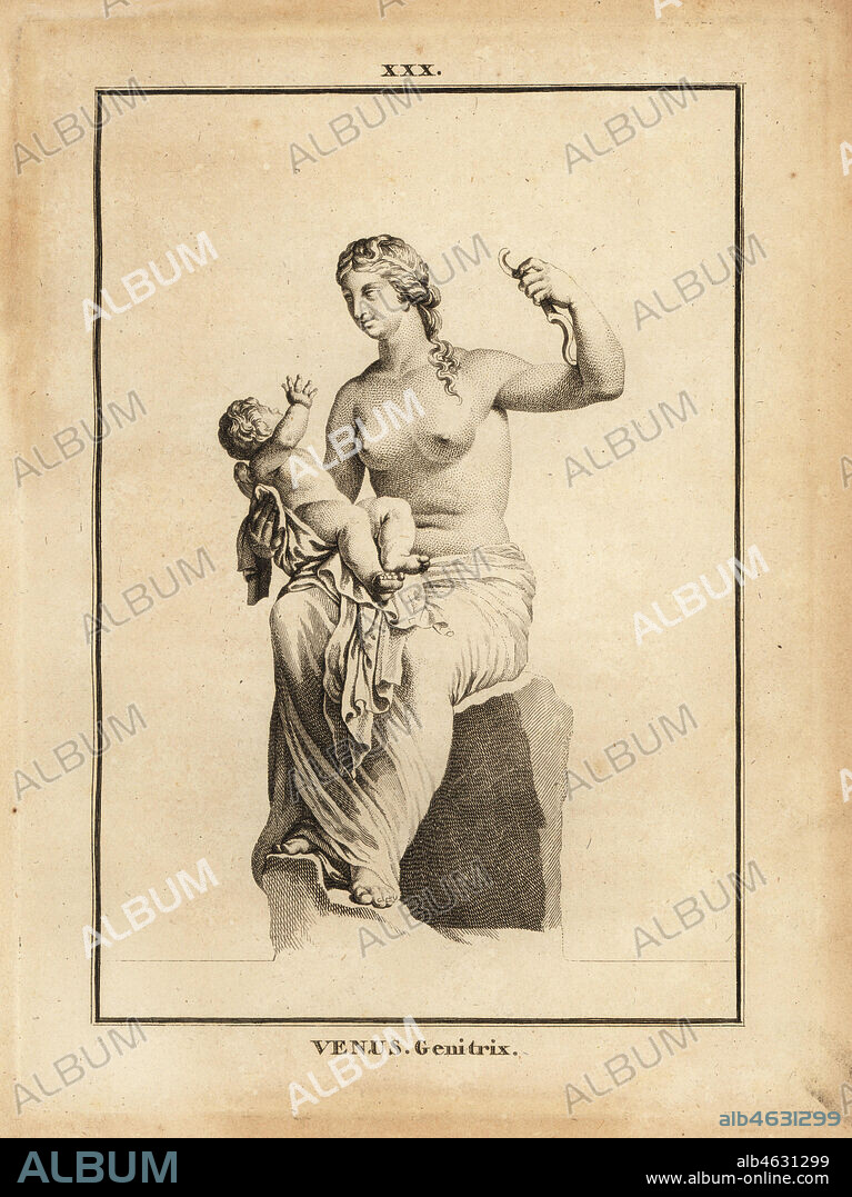 Statue of Venus Genetrix, Roman goddess of love, beauty, sex and fertility, as mother with child Eros. Copperplate engraving by Francois-Anne David from Museum de Florence, ou Collection des Pierres Gravees, Statues, Medailles, Chez F.A. David, Paris, 1787. David (1741-1824) drew and engraved the illustrations based on Roman statues, engraved stones and medals in the collection of the Museum de Florence and the cabinet of curiosities of the Grand Duke of Tuscany.
