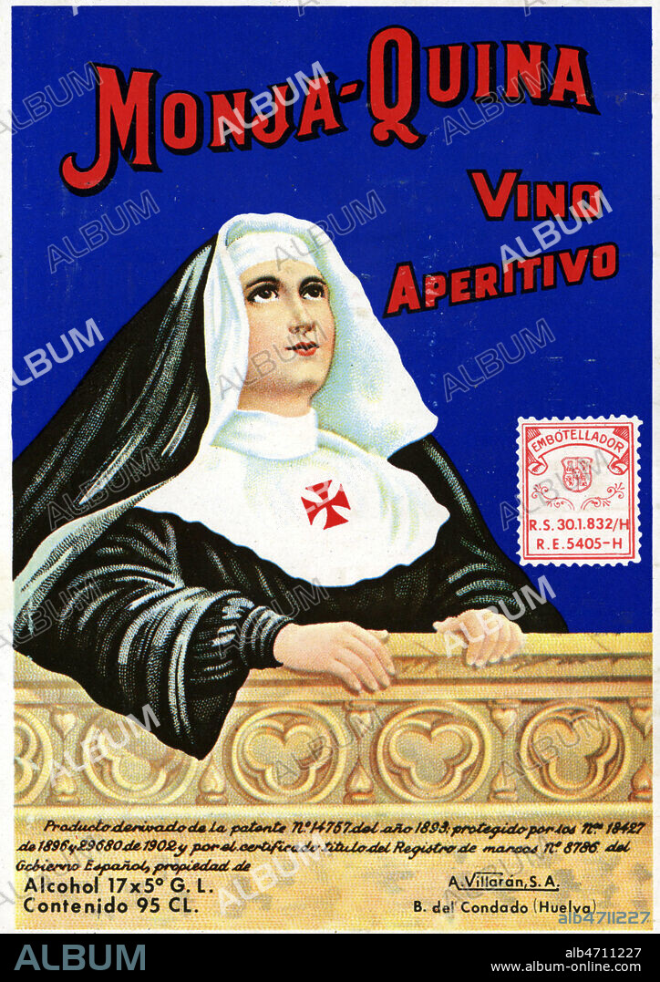 Etiquette de vin aperitif espagol 'Monja-Quina', a la quinquina, vers 1910-20. Illustration anonyme. Credit : Collection IM/KHARBINE-TAPABOR.