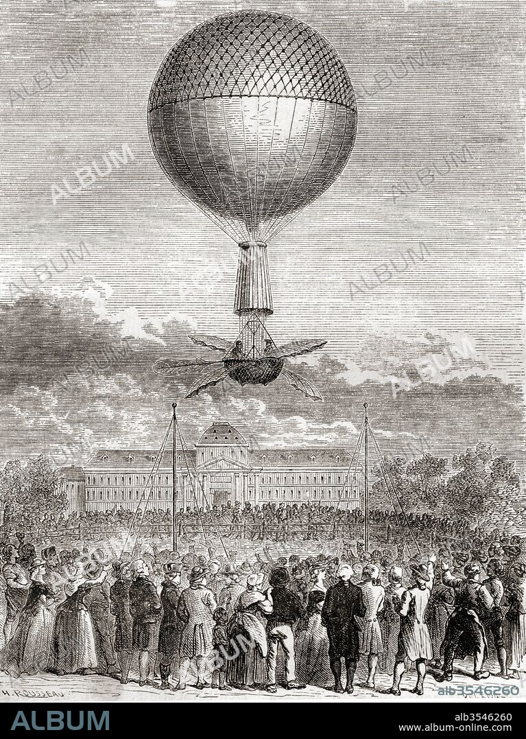 The first successful balloon flight of Jean-Pierre François Blanchard ( 1753 – 1809) on 2 March 1784, in a hydrogen gas balloon launched from the Champ de Mars, Paris, France.  From Les Merveilles de la Science, published c.1870.