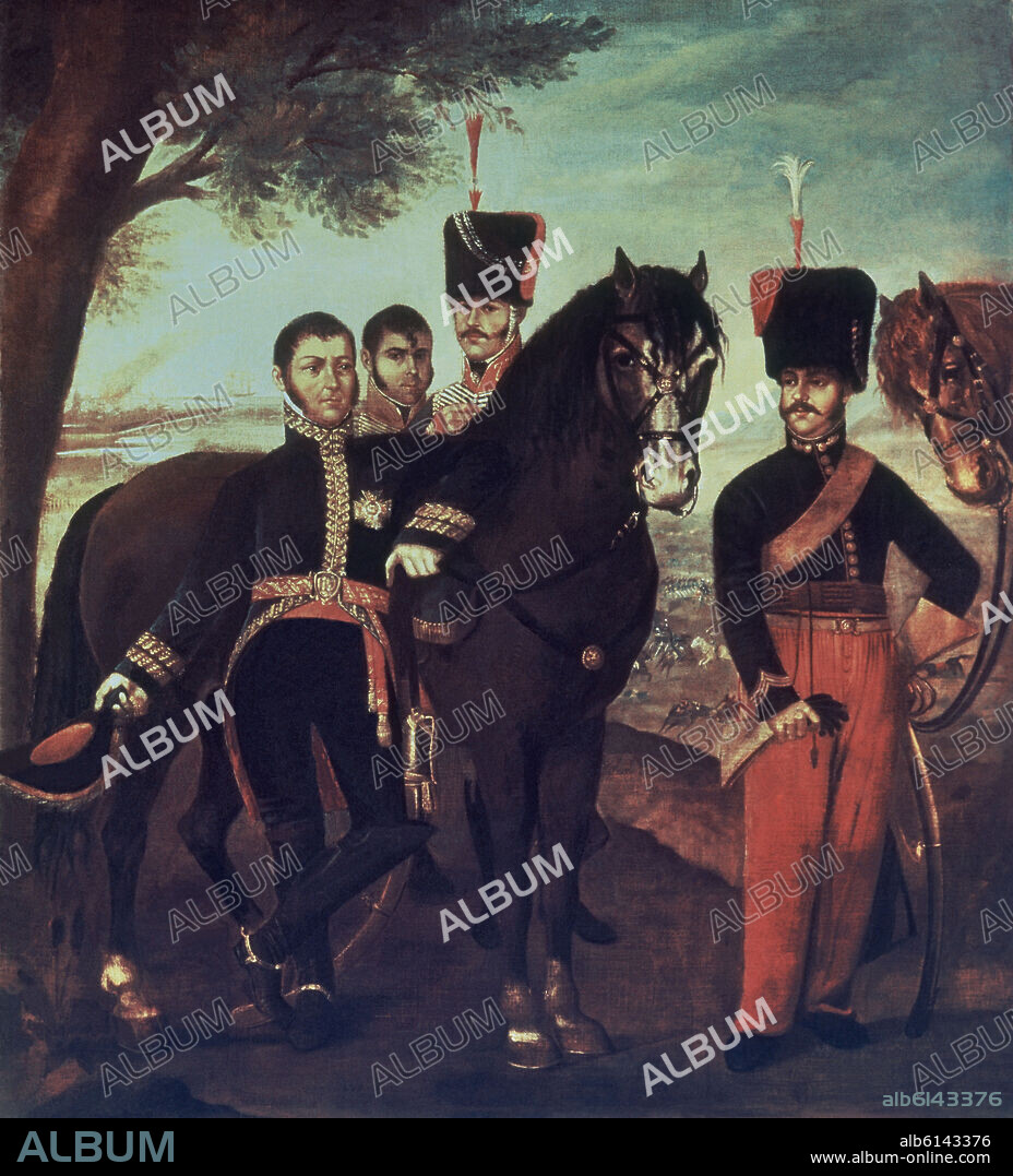 ANÓNIMO. EL GENERAL JOSE SAN MARTIN SU ESTADO MAYOR Y EL GENERAL ANTONIO JOSE DE SUCRE - SIGLO XIX.