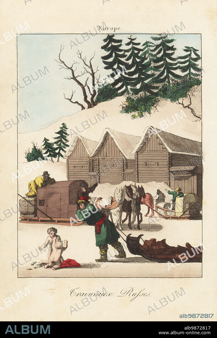 Varieties of Russian sleighs, 18th century. A man pulls a sled in the foreground, while two large horse-drawn carriage sledges pass in front of large wooden cabins. Two naked putti fight in the snow. Traineaux Russes. Handcoloured copperplate engraving from A. Antoine de Saint-Gervaiss Album des Peuples, ou Collection de Tableaux, Album of Peoples, or Collection of Paintings, J. Langlume et Peltier, Paris, 1835. Reprinted from Moeurs et coutumes des Peuples, Hocquart, 1811.