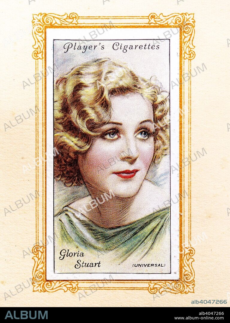 Gloria Stuart, 1934. Gloria Frances Stuart (born Gloria Stewart, July 4, 1910 - September 26, 2010) was an American film and stage actress, visual artist, and activist. From An Album of Film Stars; Second Series issued by John Player & Sons. [Imperial Tobacco & Co Ltd, 1934].
