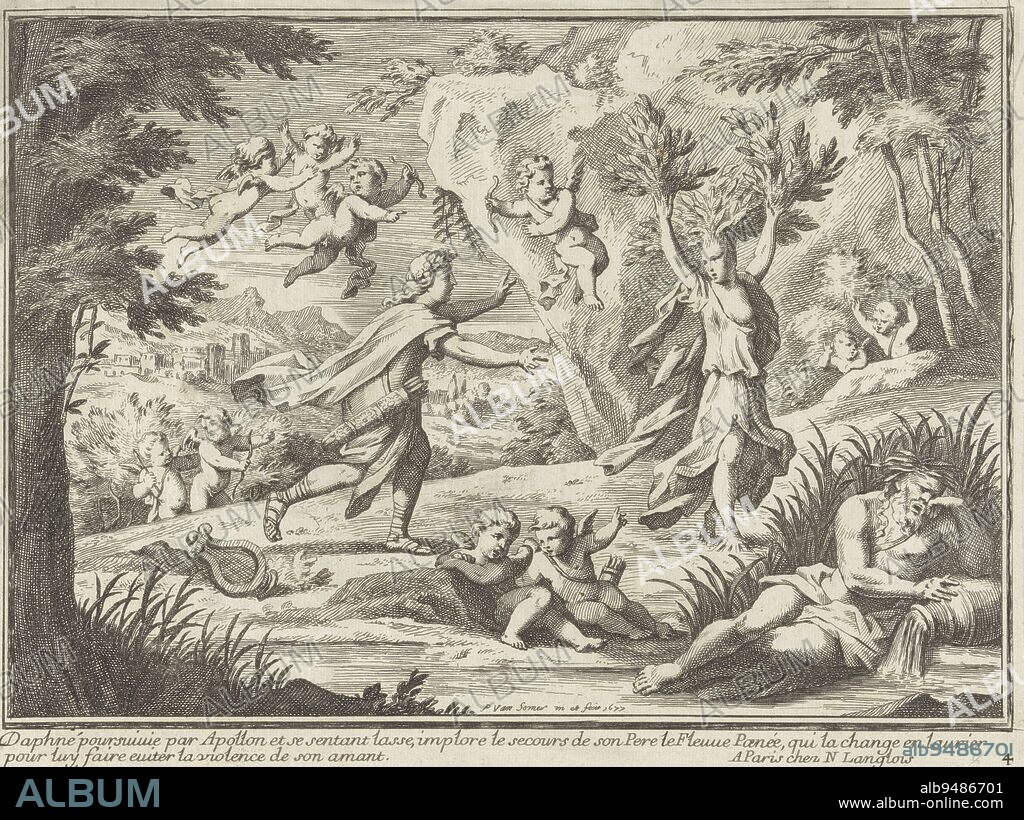 Apollo and Daphne, Paul van Somer (II), 1677, The infatuated Apollo pursues the fleeing nymph Daphne, whose arms are already turning into branches. The river god Peneus, Daphne's father, lies on the riverbank, resting on his urn. Putti view the scene from the air and from the ground. Below the image an explanatory text in French. Scene from Ovid's Metamorphoses (Met. I, 452ff.)., print maker: Paul van Somer (II), (mentioned on object), publisher: Nicolas Langlois, (mentioned on object), Paul van Somer (II), (mentioned on object), Paris, 1677, paper, etching, engraving, h 187 mm × w 248 mm.