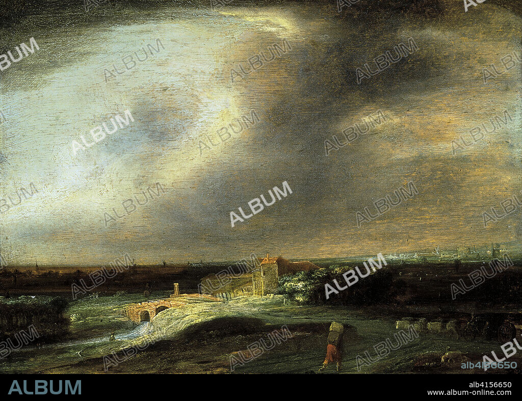 PHILLIPS DE KONINCK. Philips Koninck (Ámsterdam, 1619 - 1688). Paisaje con ciudad lejana (hacia 1645 - 1646). Óleo sobre tabla. 20,5 x 28,6 cm.