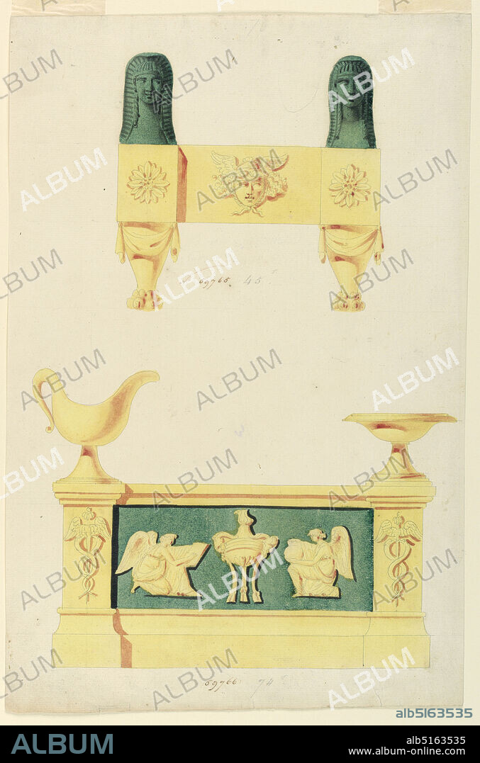Design for two andirons, Lefebvre Manufactory, Tournai, Brush and yellow, red, green, black watercolor, graphite, on cream laid paper, Above: front panel shows head of Medusa, flanked by sphinx heads atop pilasters, a flower head on center block and festooned legs below., Below: elongated panel, two female spirits kneel beside a flaming tripod. Caducei decorate pilasters. On top of left pilaster, a sauceboat. At right, a bowl on stand., Belgium, 18001825, metalwork, Drawing, Drawing.