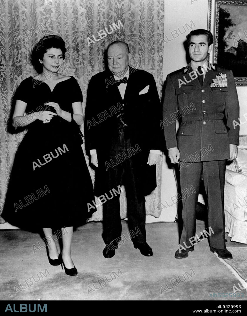 Royal Visitors to the Prime Minister -- The Shah and Queen Soraya with Sir Winston Churchill before the Luncheon. The Shah of Persia with Queen Soraya - now in London on a private visit - had Luncheon with Sir Winston Churchill at No. 10 Downing St. February 22, 1955. (Photo by Sport & General Press Agency, Limited).