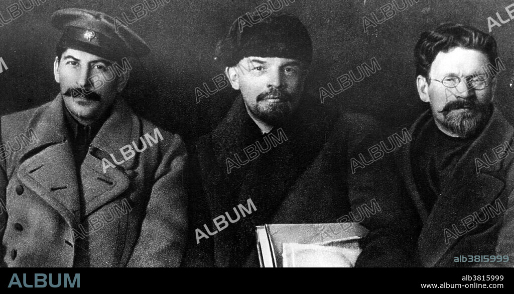 Russian revolutionaries and leaders Stalin, Lenin, and Mikhail Ivanovich Kalinin at the Congress of the Russian Communist Party. Joseph Vissarionovich Stalin (December 18, 1878 - March 5, 1953) was the Premier of the Soviet Union from 1941 to 1953. He was among the Bolshevik revolutionaries who brought about the October Revolution in Russia in 1917 and later held the position of General Secretary of the Communist Party of the Soviet Union's Central Committee from 1922 until his death. Vladimir Ilyich Lenin (April 22, 1870 - January 21, 1924) was a Russian Marxist revolutionary, communist politician, Russian statesman and Marxist theoretician. Mikhail Ivanovich Kalinin (November 19, 1875 - June 3, 1946) was a Bolshevik revolutionary and the nominal head of state of Russia and later of the Soviet Union, from 1919 to 1946. From 1926 he was a member of the Politburo of the Communist Party of the Soviet Union, where he was one of the inner circle of party leaders around Soviet leader Joseph Stalin.