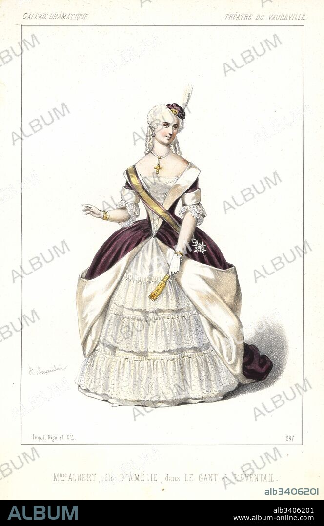 French soprano Madame Augustine Albert as Amelie in Le Gant et l'Eventail by Bayard and Sauvage, Theatre du Vaudeville, 1846. Handcoloured lithograph after an illustration by Alexandre Lacauchie from Victor Dollet's Galerie Dramatique: Costumes des Theatres de Paris, Paris, 1846.