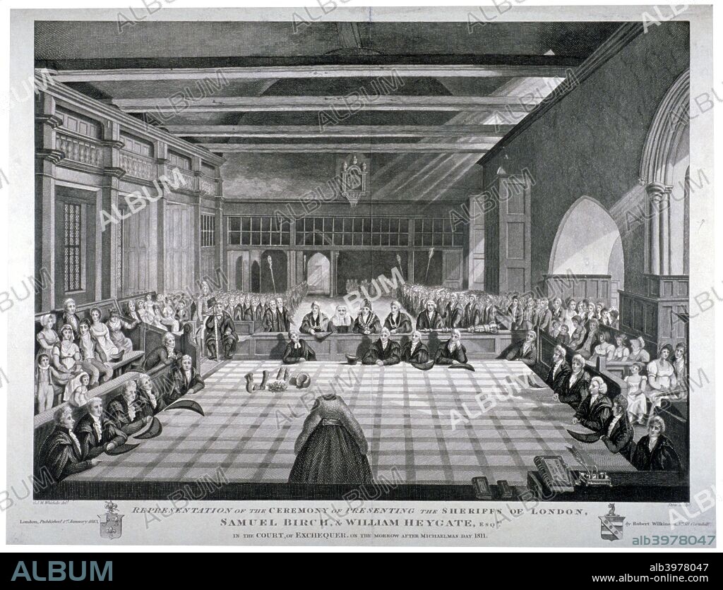 Ceremony in Westminster Hall, London, 1811. Representation of the ceremony of presenting the Sheriffs of London, Samuel Birch, & William Heygate ... in the Court of Exchequer ... The interior of the Hall of Westminster, with figures gathered to watch the ceremony.