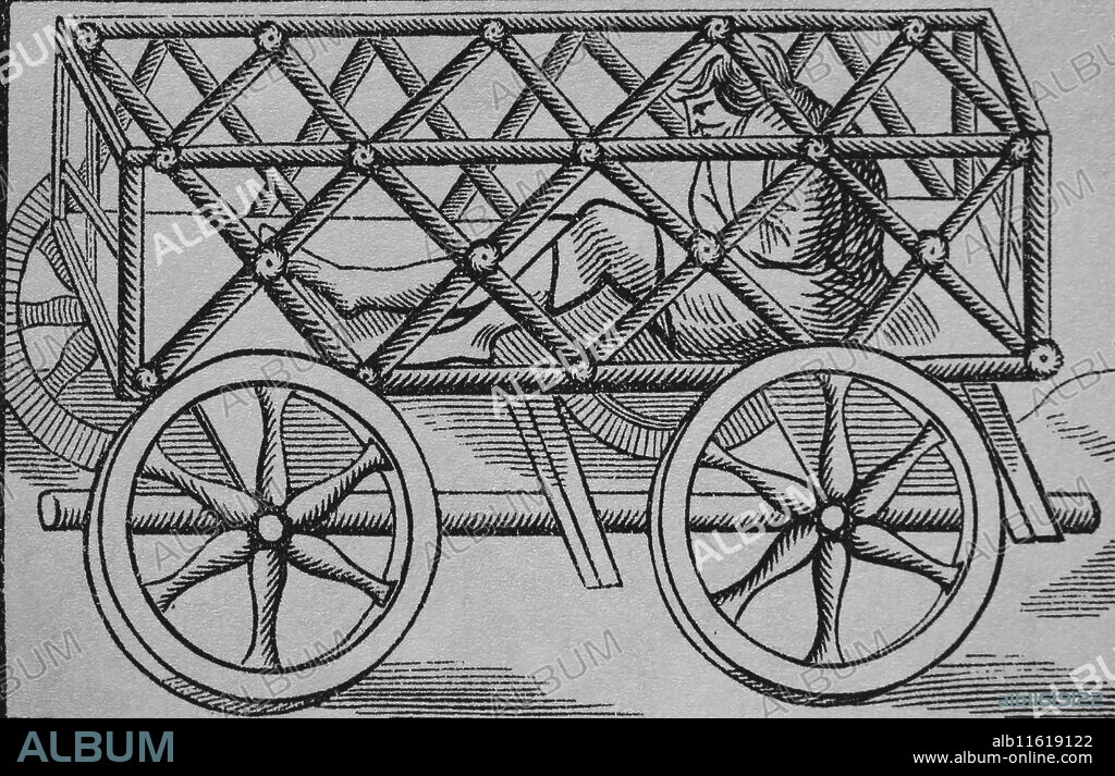 SEBASTIAN MÜNSTER. Prisoner in a mobille  iron cage. Woodcut from Cosmphraphia, Basel, 1552 by Sebastian Münster.