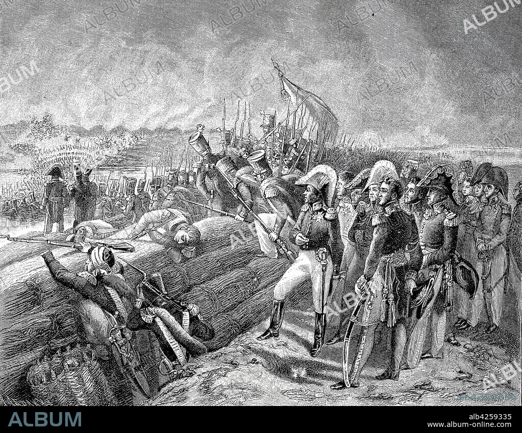 Battle of Trocadero on August 31, 1823, the French army captured the fortress on the island of Trocadero in front of the Spanish city of Cádiz and ended the Spanish revolution, woodcut, Spain