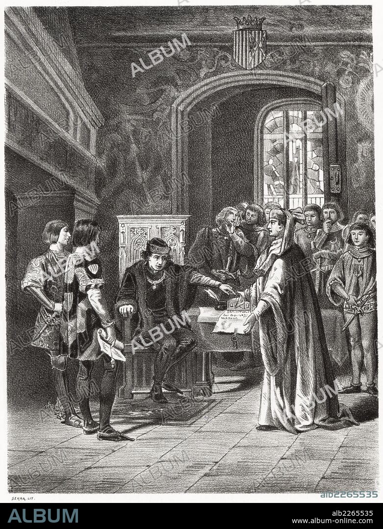Historia de España. Joan Fiveller (?-1434), conseller en cap de Barcelona exige al rey don Fernando I de Aragón (1380-1416) en 1416 el pago del vectigal, impuesto sobre la carne que la Casa Real compraba a la ciudad y del cual el rey pretendía quedar exento. Grabado de 1872.
