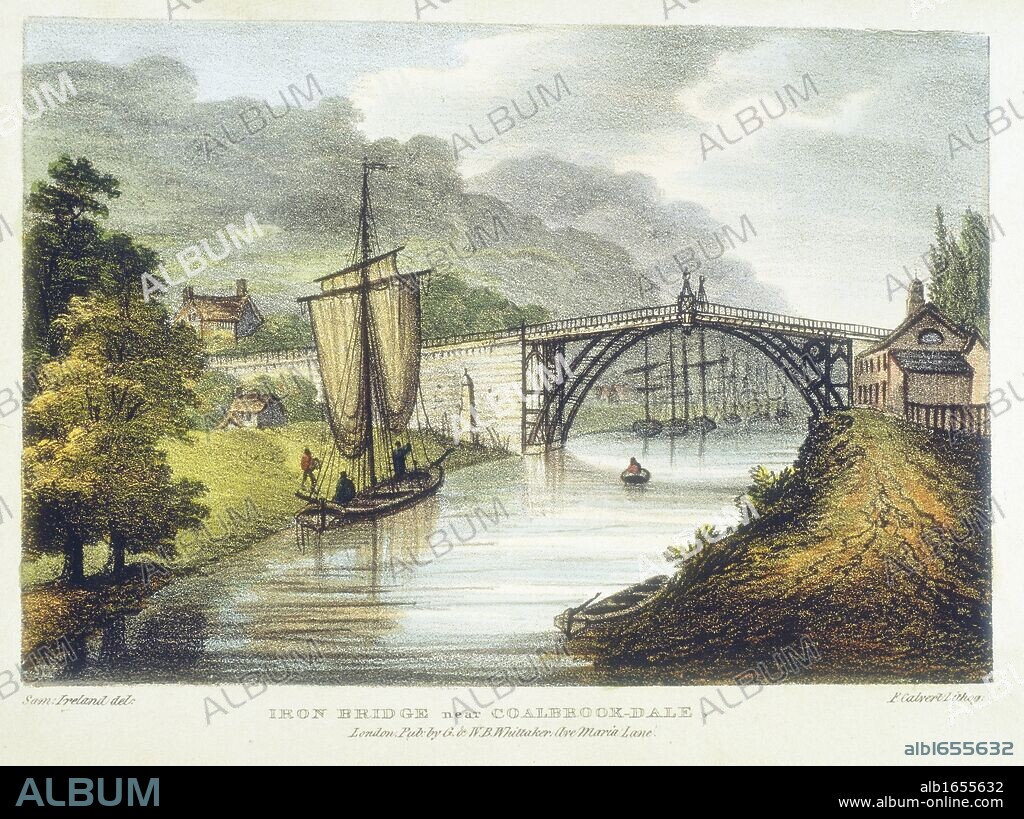 Abraham Darby III's iron bridge across the Severn at Ironbridge, Coalbrookdale, England. First iron bridge in world, built between 1776 and 1779. Lithograph from Samuel Ireland 'Picturesque Views of the River Severn', London, c. 1795. Severn Trow sailing vessel is on  the left.