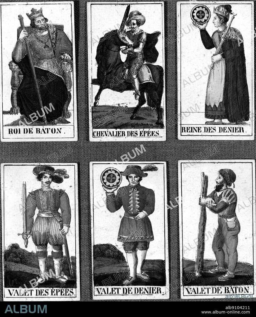 Tarot card - (bottom centre) Valet de Denier - the Page of Coins in an 18th century Swiss and an early Italian pack.