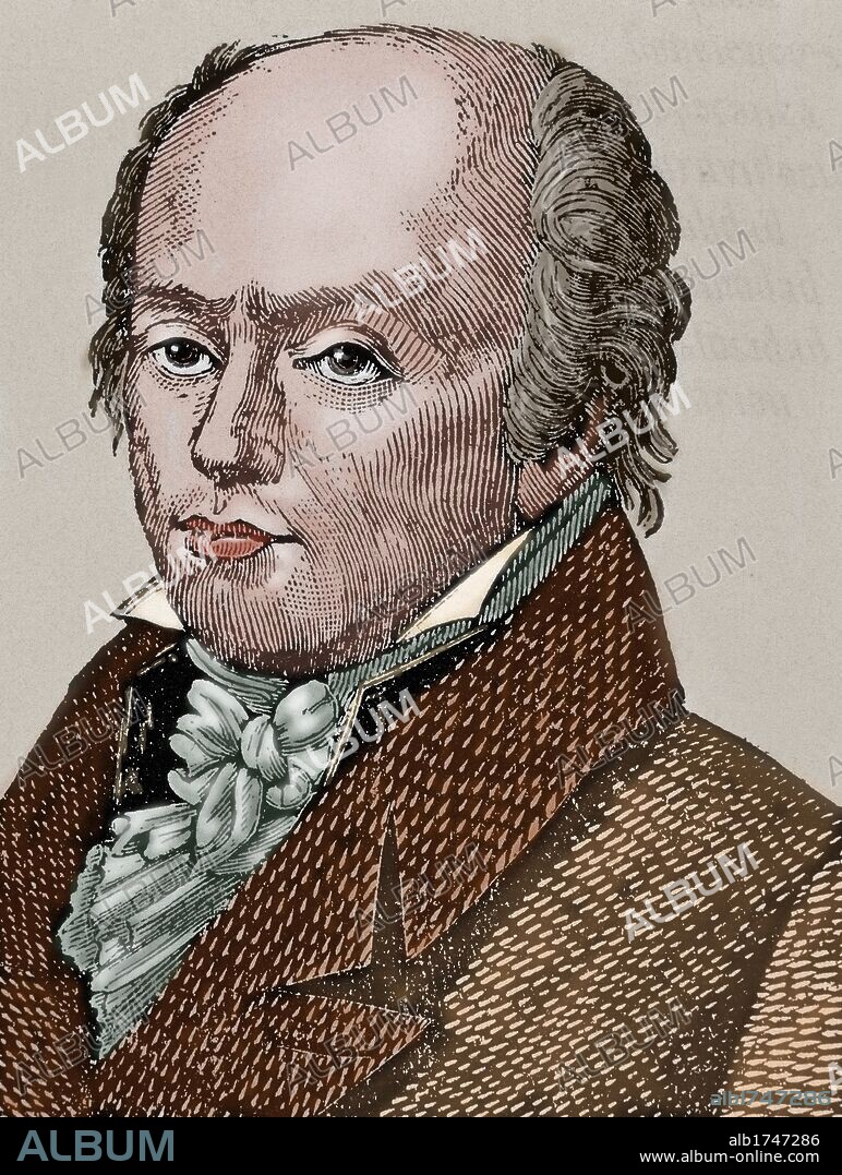 FRANZ JOSEF GALL (1758-1828). Médico alemán, creador de la frenología. Grabado coloreado del siglo XIX.