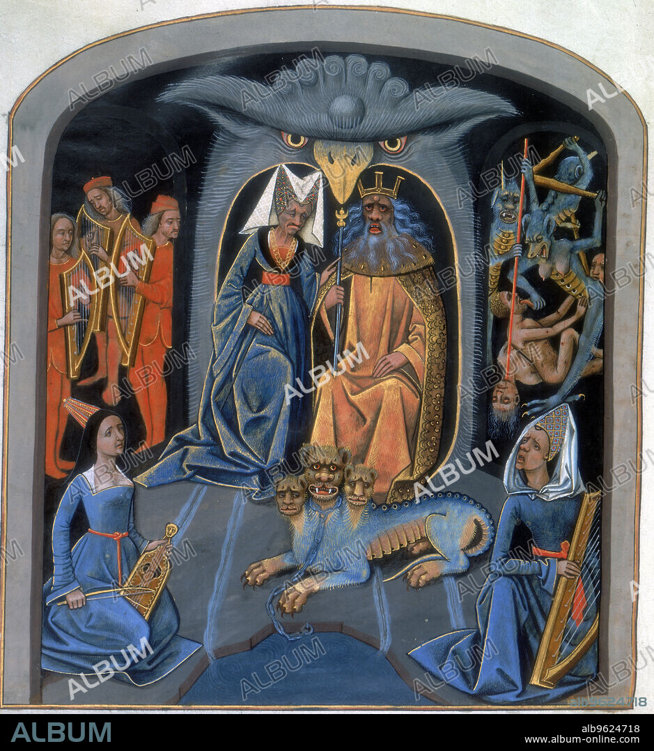 Pluto and Persephone enthroned: the God and goddess of the underworld, they sit with the three-headed dog, Cerberus, at their feet.  Foreground: female figures play harp, right, and rebec (a violin-type instrument of middle-eastern origin), left, while men in rear left play harps. Rear right: figures are tortured by demons. Les Echecs amoureux.  Manuscript produced for Louise de Savoy (1476-1531).
